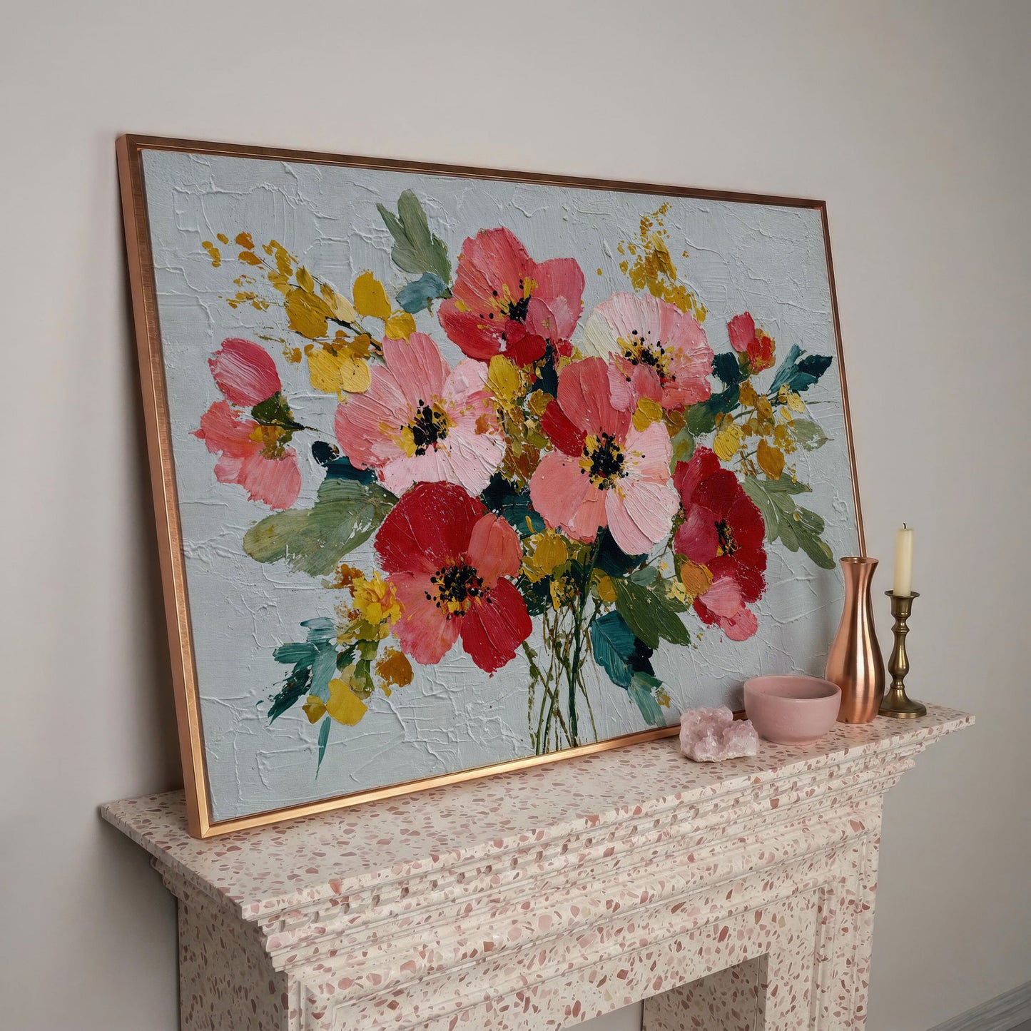 Poppy Wildflower Arrangement Canvas Wall Art in rose gold floating frame