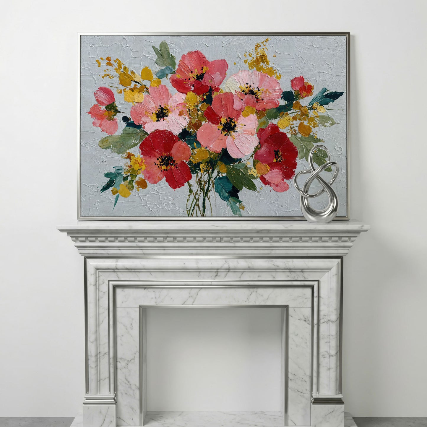 Poppy Wildflower Arrangement Canvas Wall Art in silver floating frame