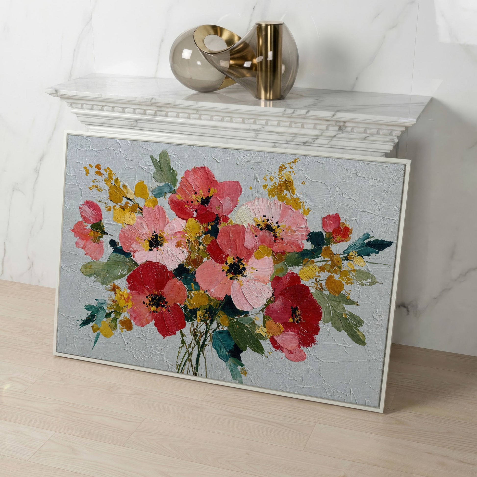 Poppy Wildflower Arrangement Canvas Wall Art in white floating frame