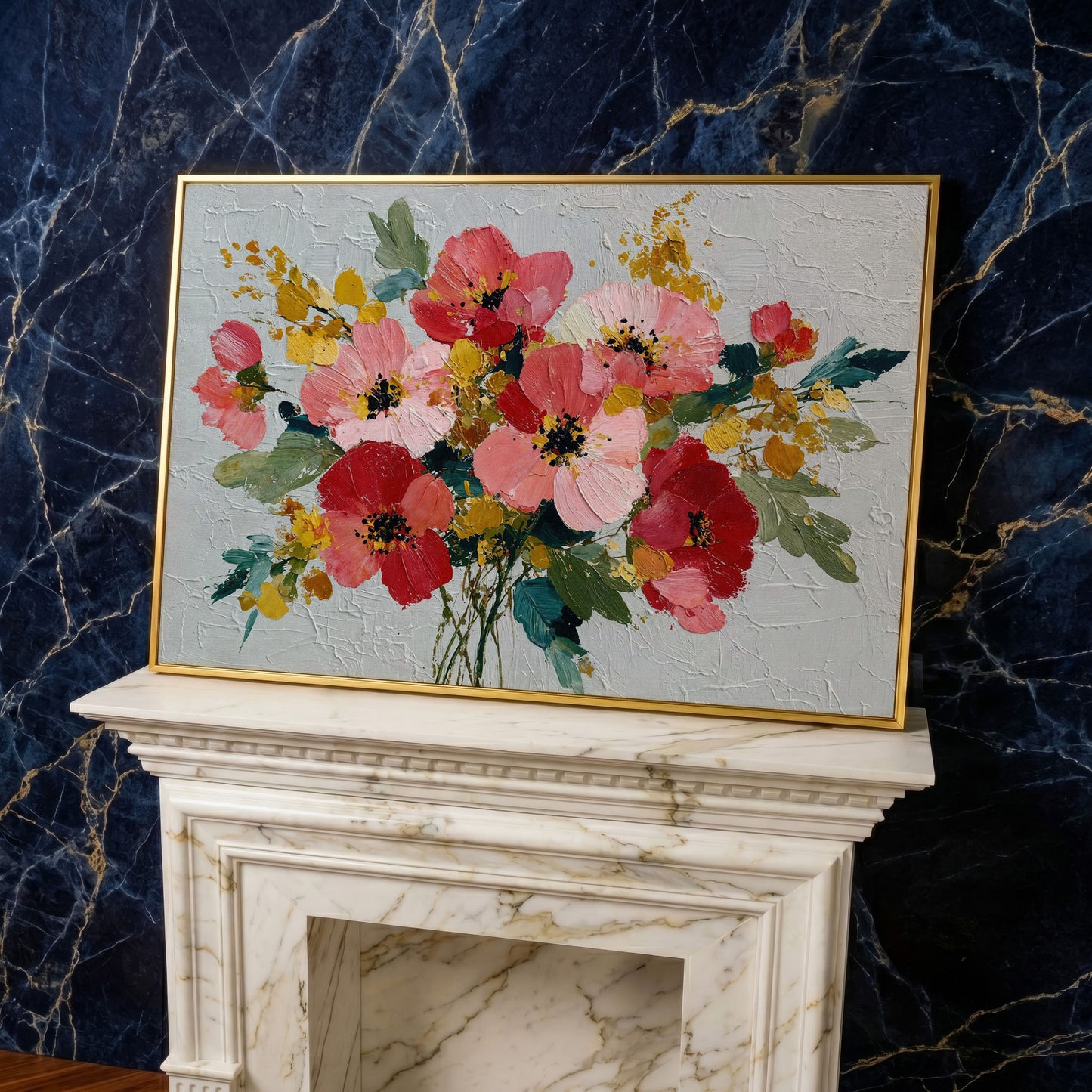 Poppy Wildflower Arrangement Canvas Wall Art in yellow gold floating frame