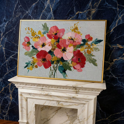 Poppy Wildflower Arrangement Canvas Wall Art in yellow gold floating frame