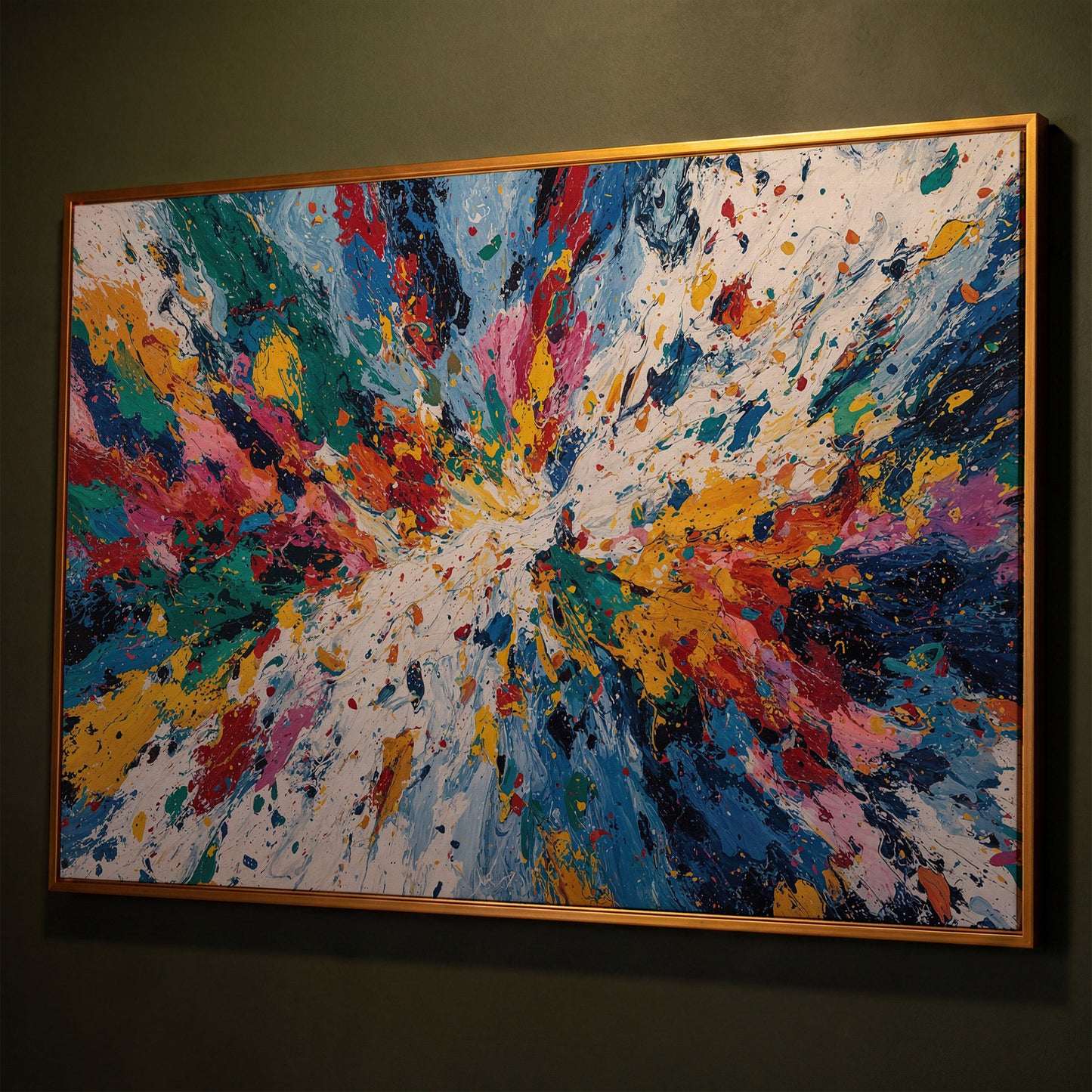 Bold Abstract Expressionism Canvas Art, Action Painting Wall Art shown in antique gold floating frame