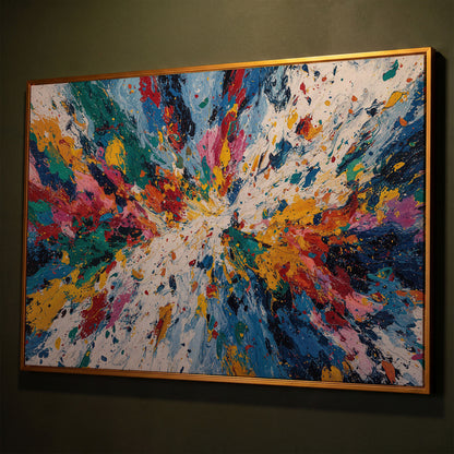Bold Abstract Expressionism Canvas Art, Action Painting Wall Art shown in antique gold floating frame