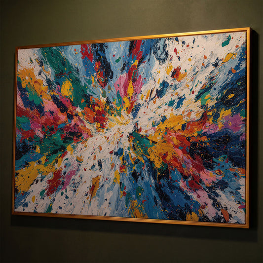 Bold Abstract Expressionism Canvas Art, Action Painting Wall Art shown in antique gold floating frame