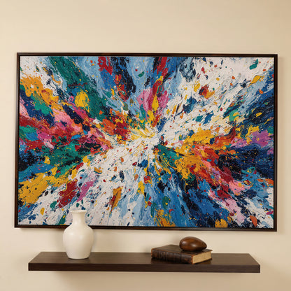 Bold Abstract Expressionism Canvas Art, Action Painting Wall Art in dark walnut floating frame
