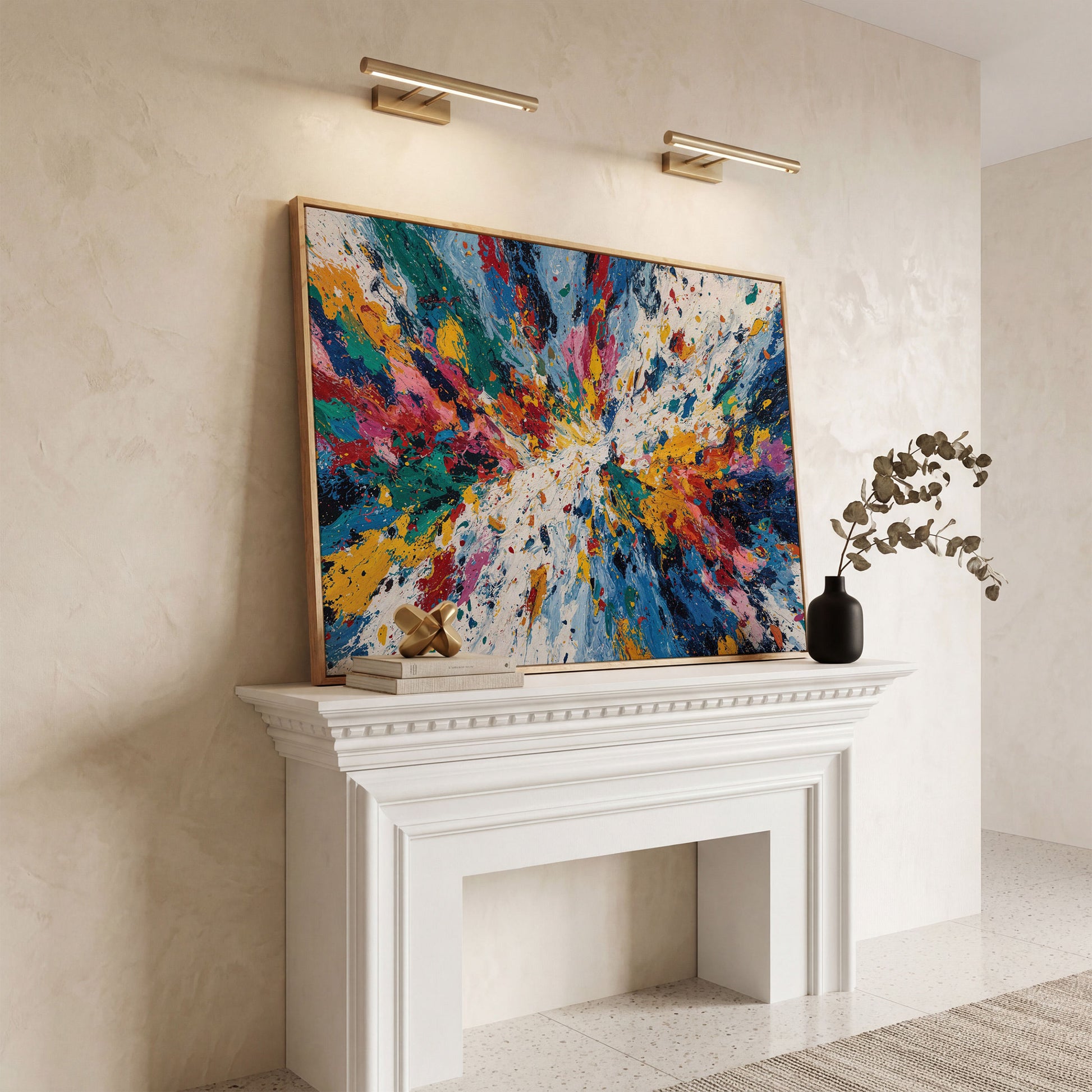 Bold Abstract Expressionism Canvas Art, Action Painting Wall Art in white oak floating frame