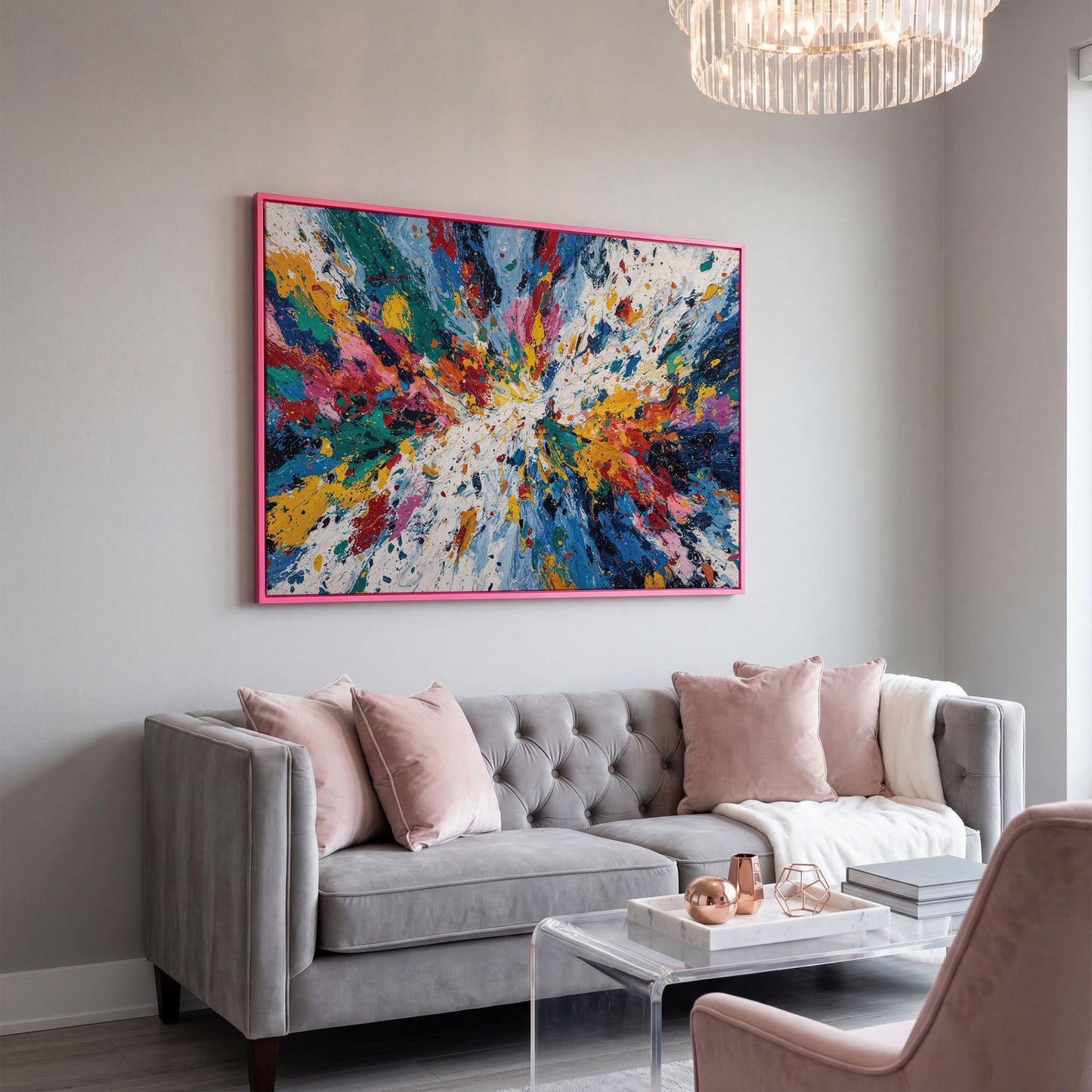 Bold Abstract Expressionism Canvas Art, Action Painting Wall Art in pink floating frame