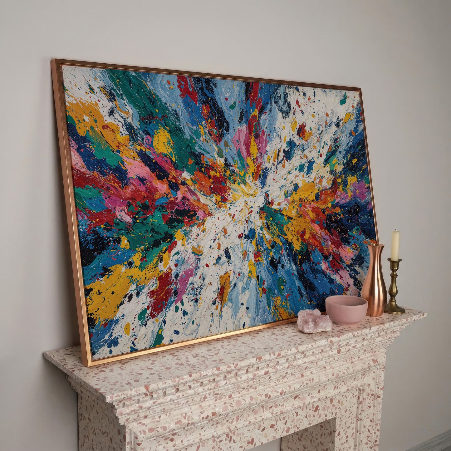 Bold Abstract Expressionism Canvas Art, Action Painting Wall Art in rose gold floating frame