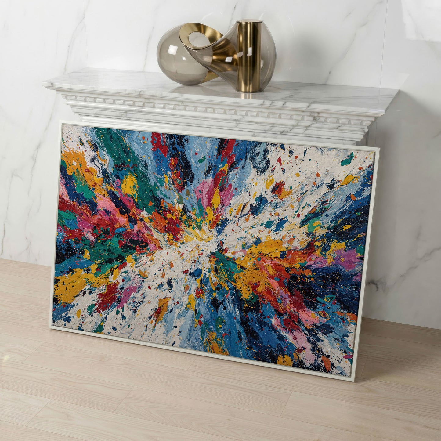 Bold Abstract Expressionism Canvas Art, Action Painting Wall Art in white floating frame