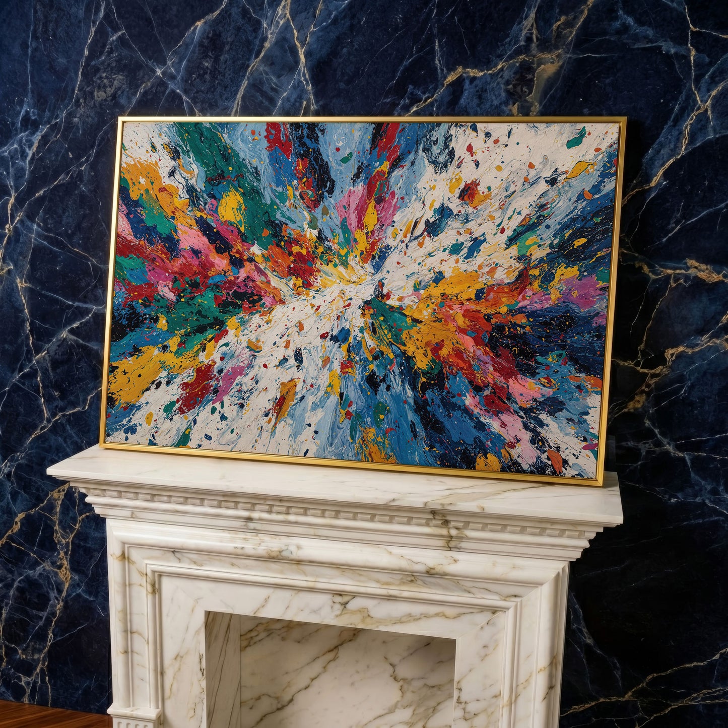 Bold Abstract Expressionism Canvas Art, Action Painting Wall Art in yellow gold floating frame