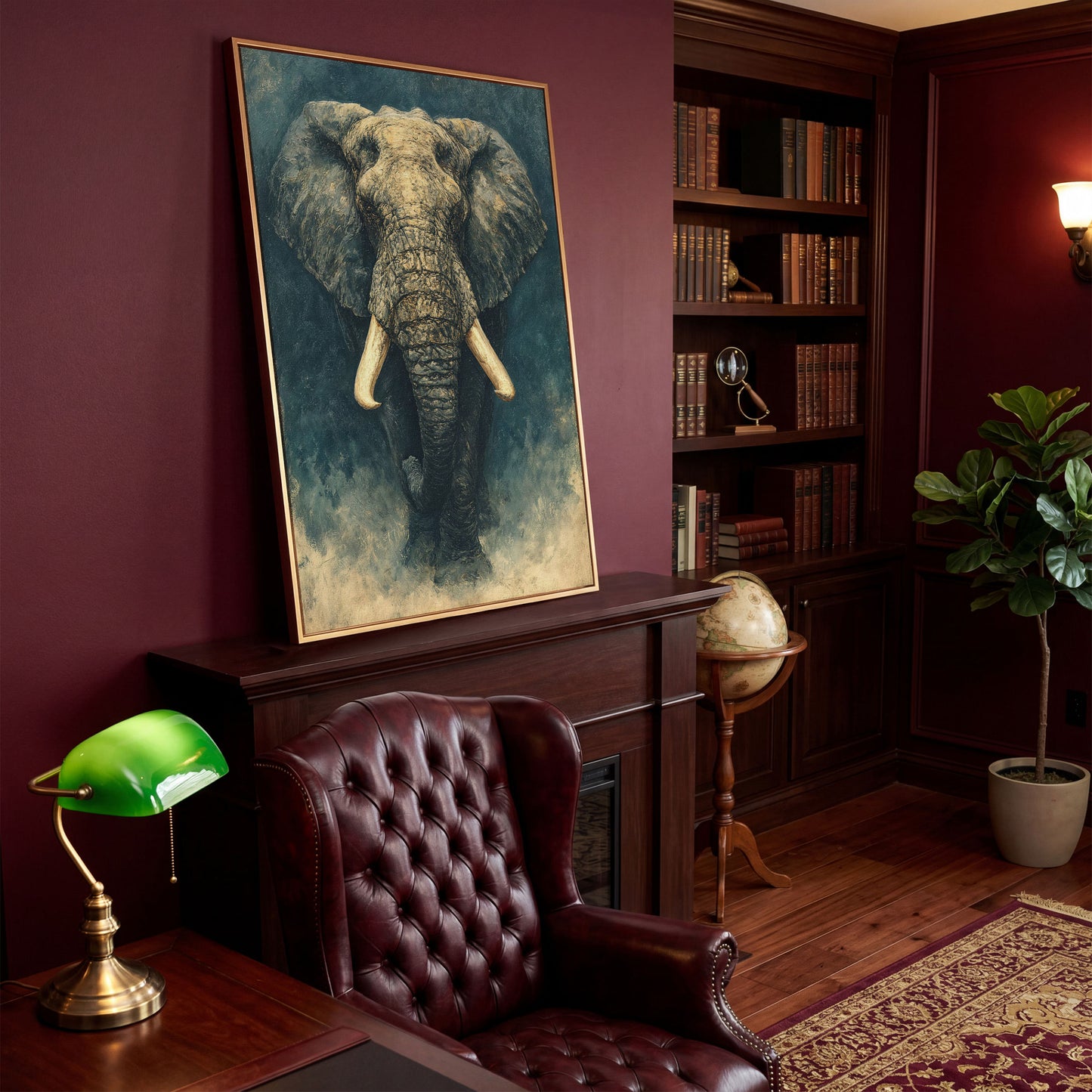 African Elephant Portrait Canvas Wall Art, Head and Tusks Study in antique gold floating frame