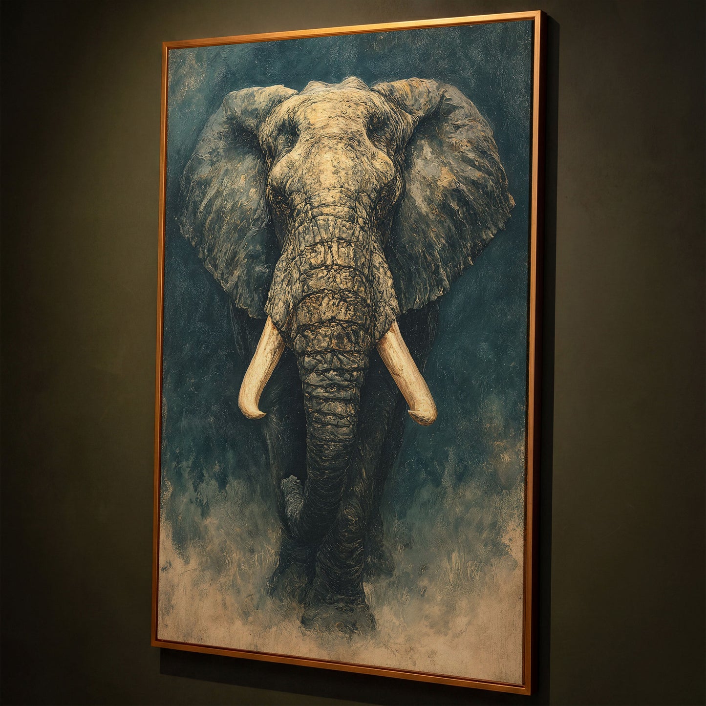 African Elephant Portrait Canvas Wall Art, Head and Tusks Study shown in antique gold floating frame