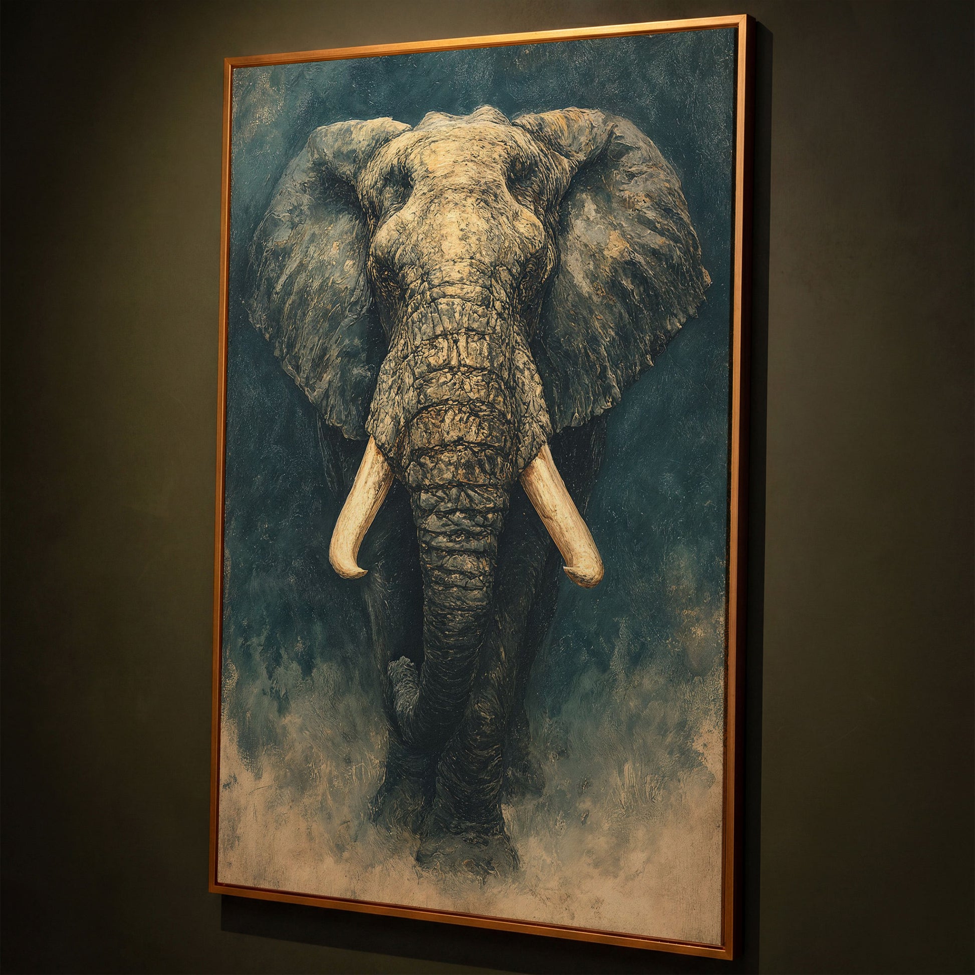 African Elephant Portrait Canvas Wall Art, Head and Tusks Study shown in antique gold floating frame