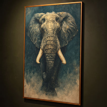 African Elephant Portrait Canvas Wall Art, Head and Tusks Study shown in antique gold floating frame
