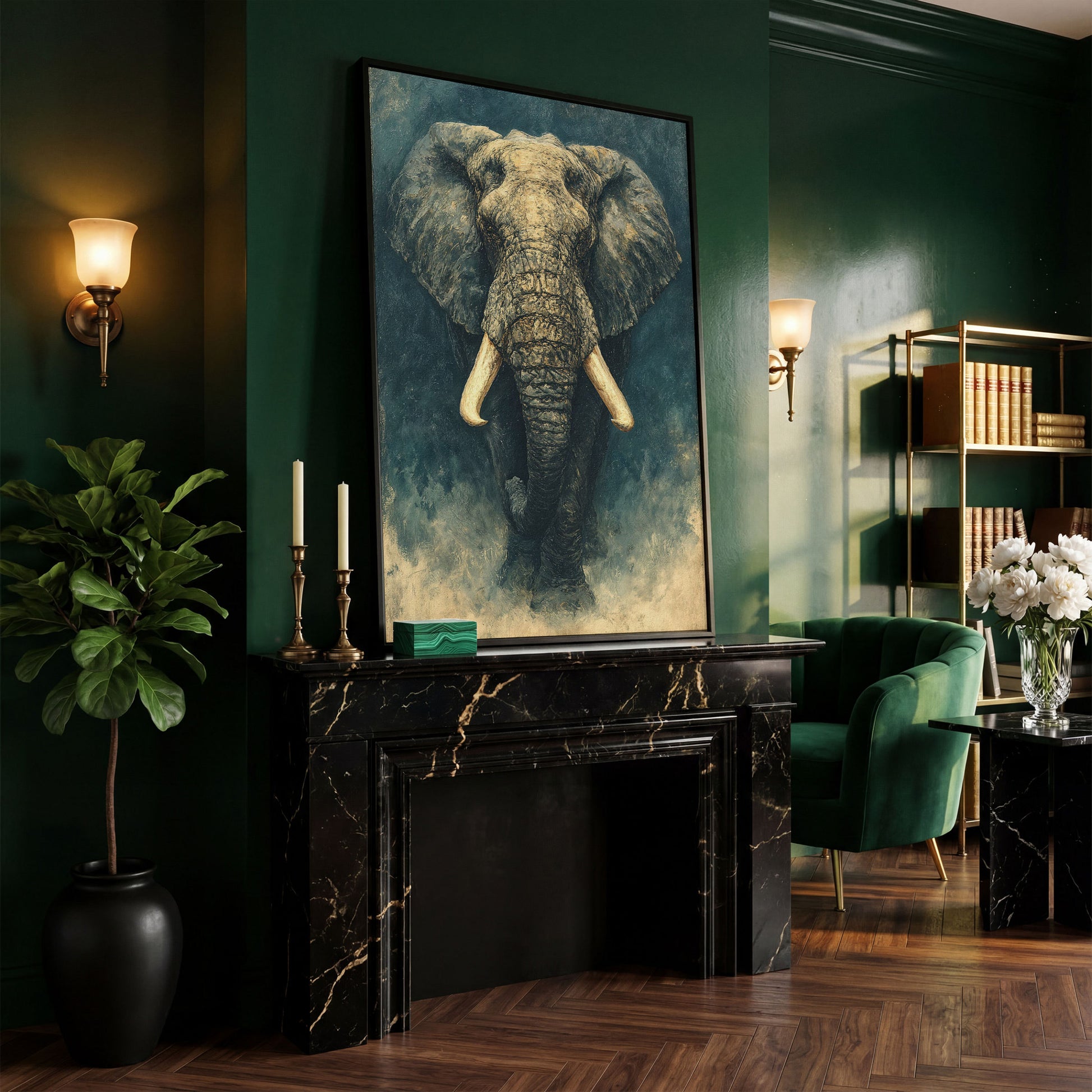 African Elephant Portrait Canvas Wall Art, Head and Tusks Study in black floating frame