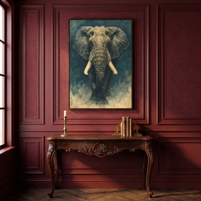 African Elephant Portrait Canvas Wall Art, Head and Tusks Study in dark walnut floating frame