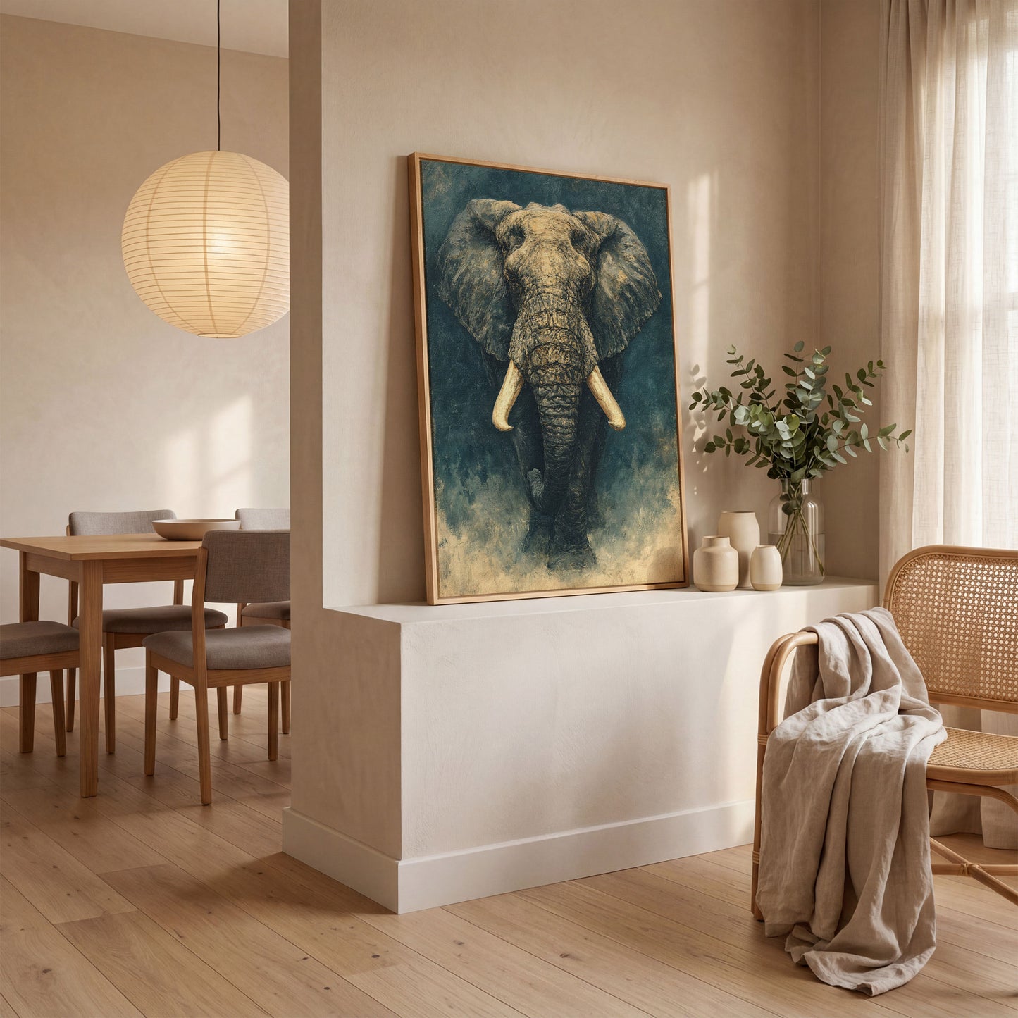 African Elephant Portrait Canvas Wall Art, Head and Tusks Study in white oak floating frame