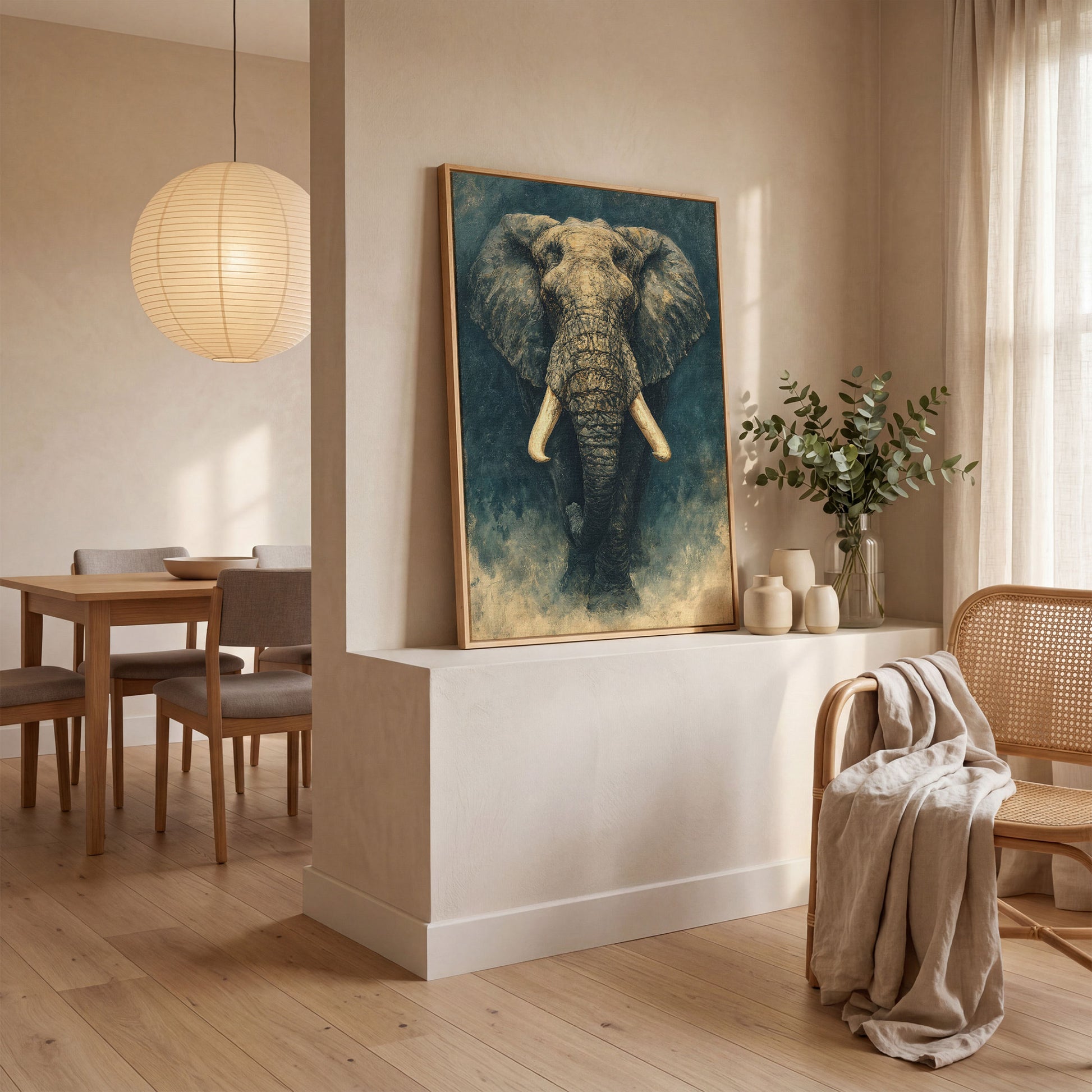 African Elephant Portrait Canvas Wall Art, Head and Tusks Study in white oak floating frame