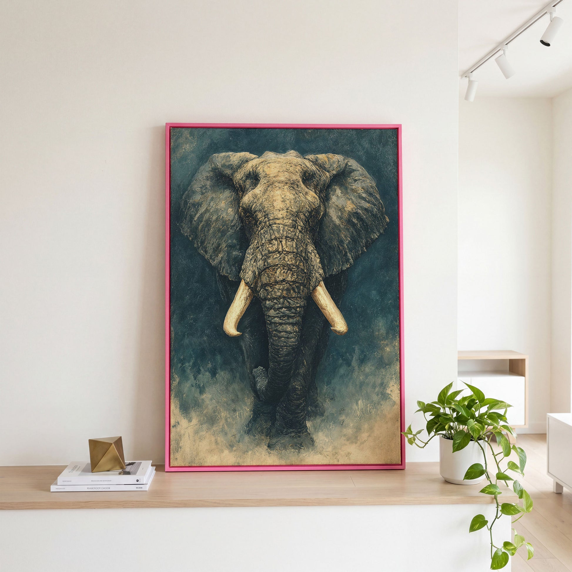 African Elephant Portrait Canvas Wall Art, Head and Tusks Study in pink floating frame