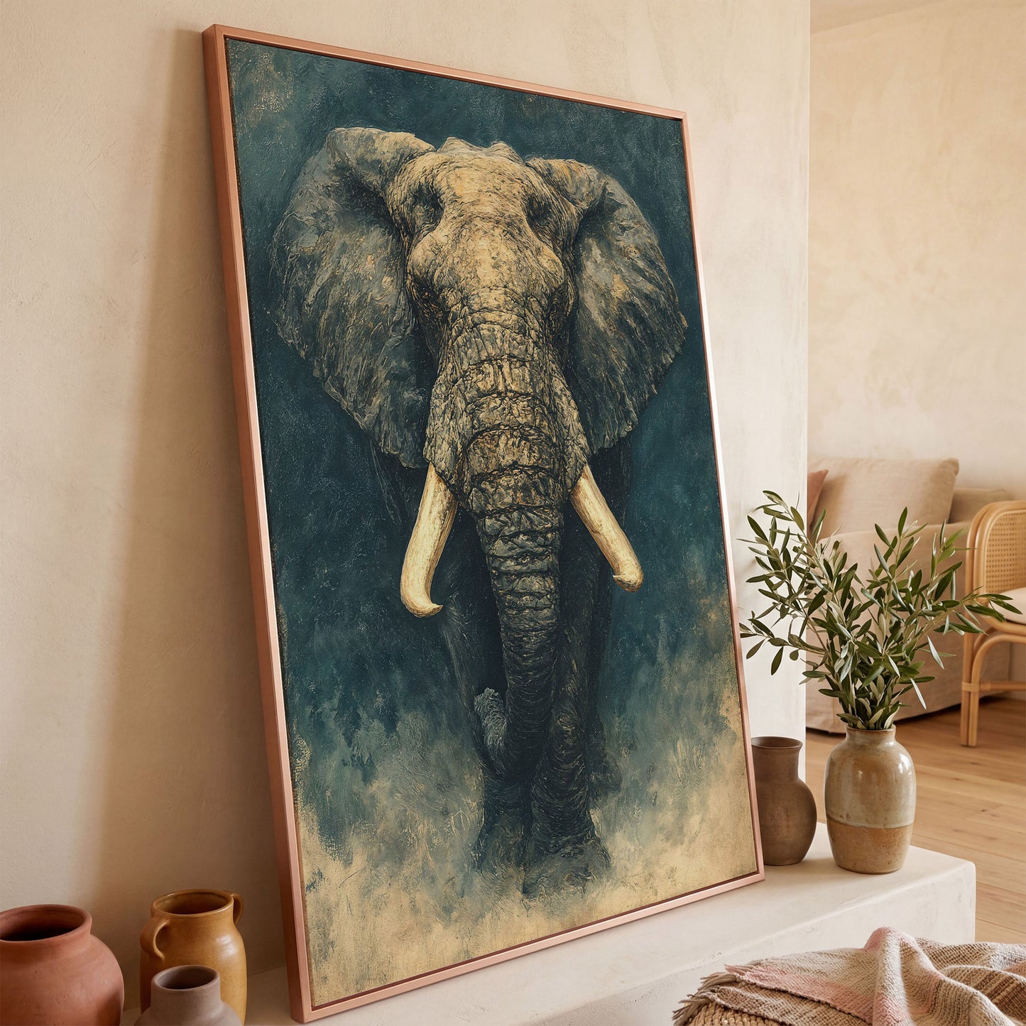African Elephant Portrait Canvas Wall Art, Head and Tusks Study in rose gold floating frame
