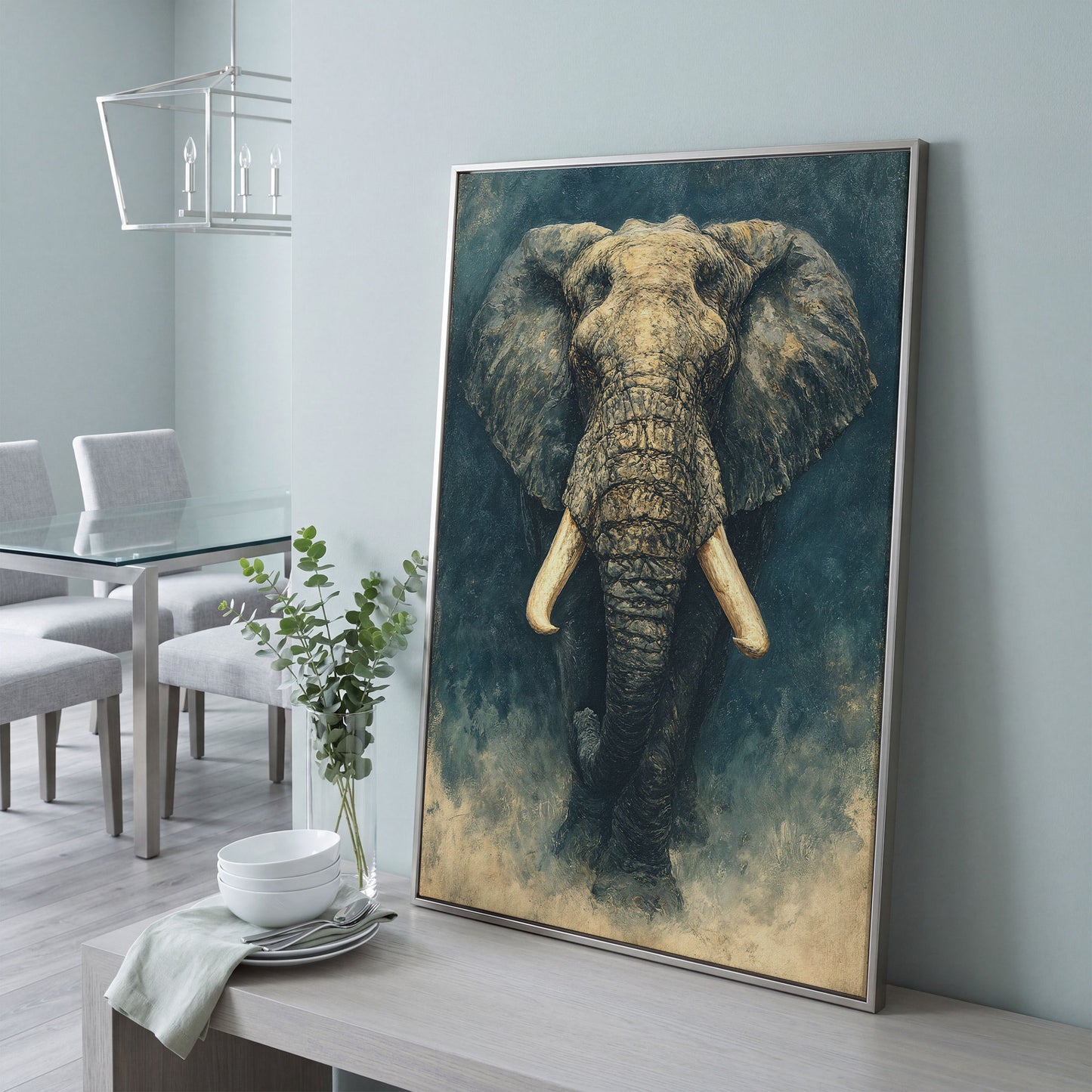 African Elephant Portrait Canvas Wall Art, Head and Tusks Study in silver floating frame