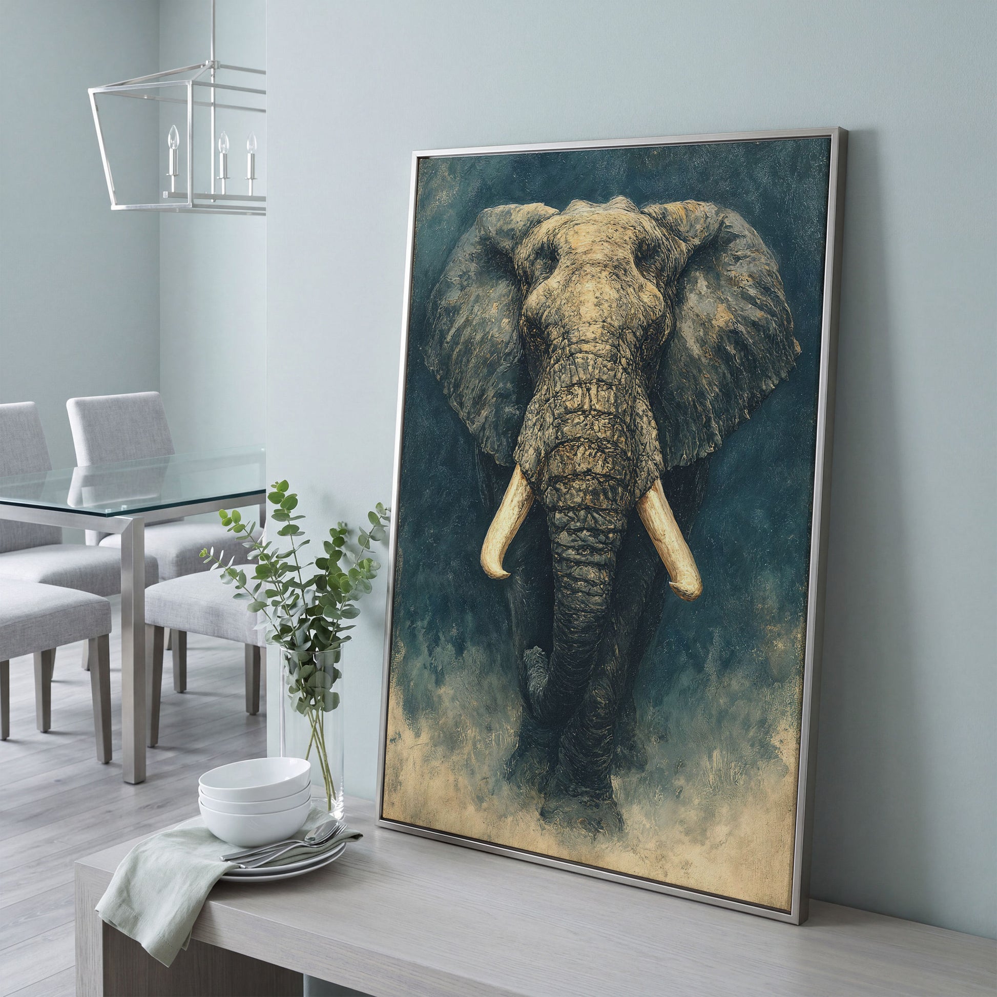 African Elephant Portrait Canvas Wall Art, Head and Tusks Study in silver floating frame