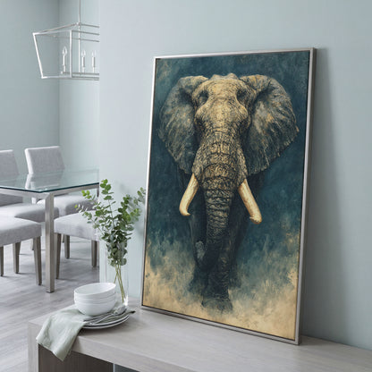 African Elephant Portrait Canvas Wall Art, Head and Tusks Study in silver floating frame