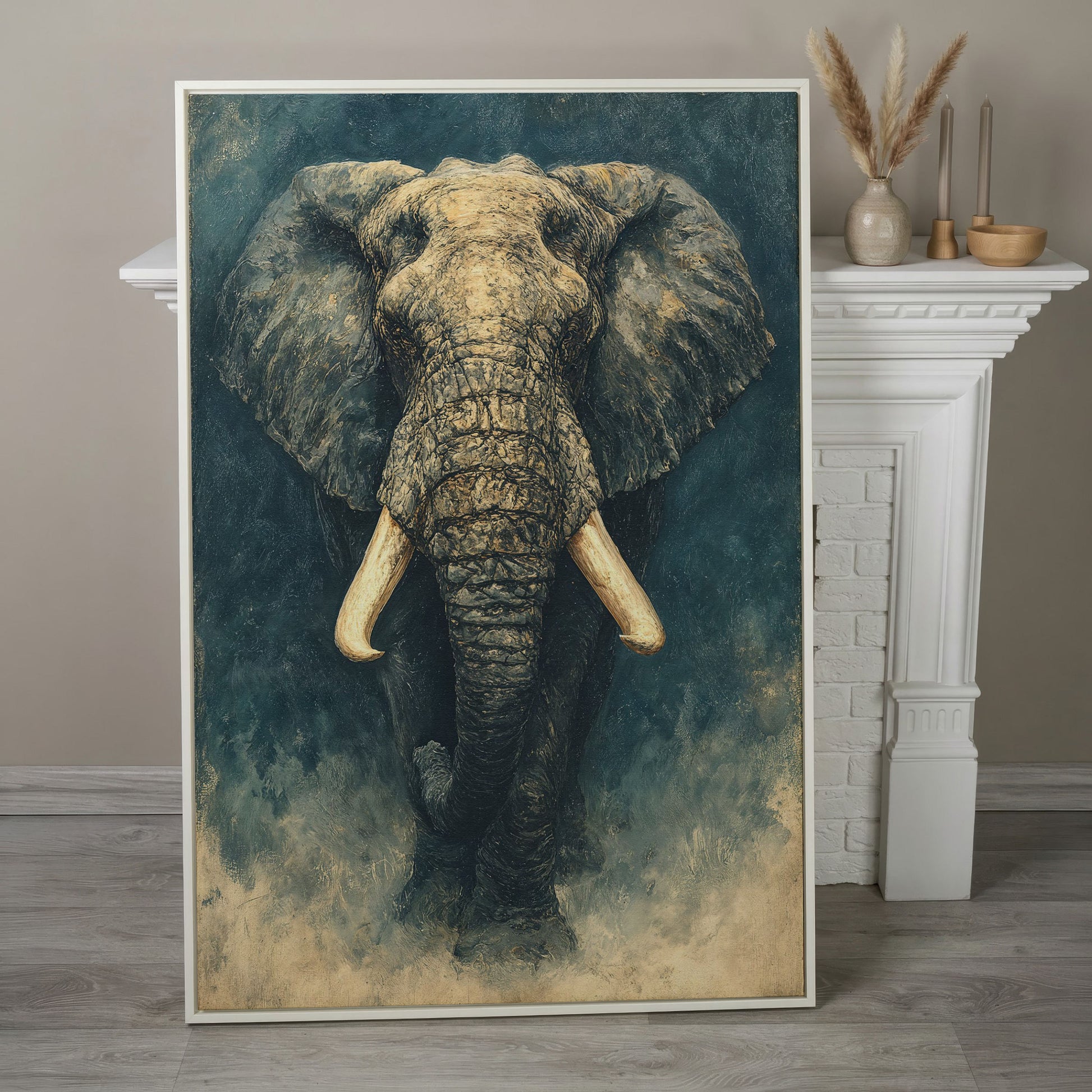 African Elephant Portrait Canvas Wall Art, Head and Tusks Study in white floating frame