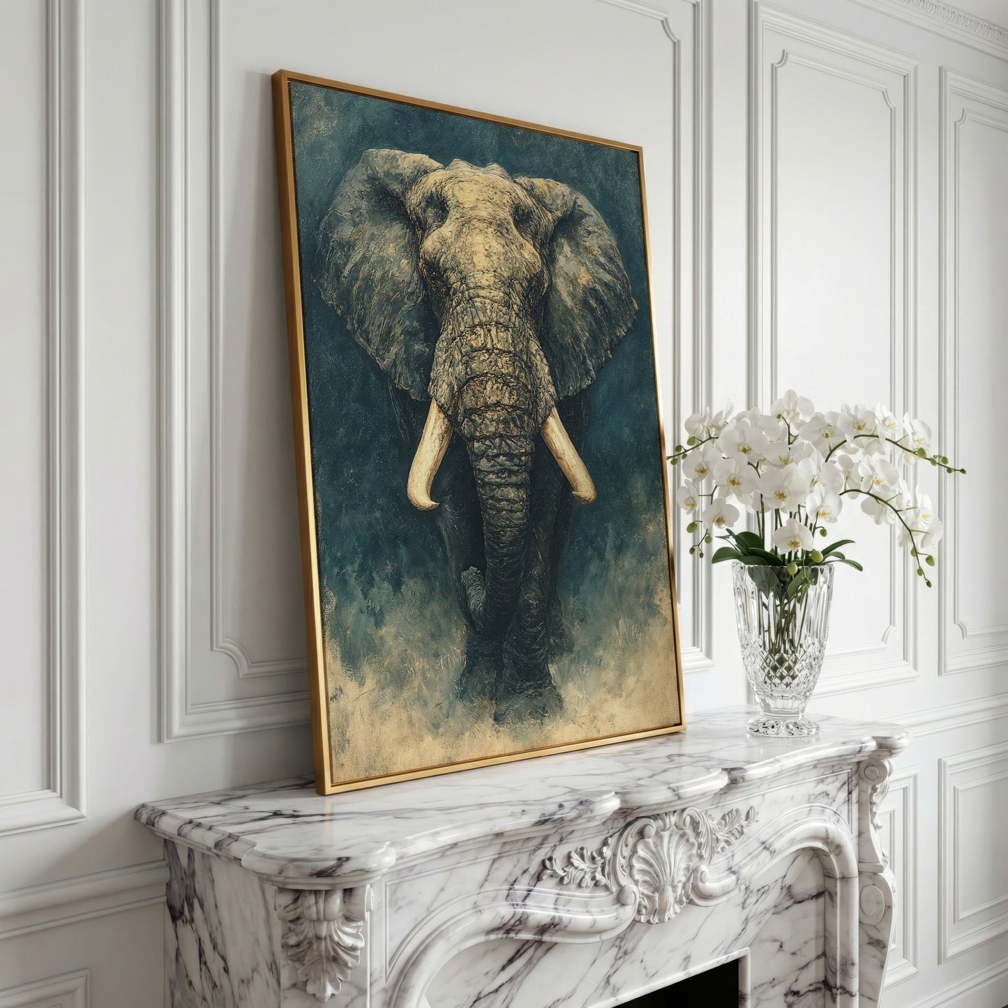 African Elephant Portrait Canvas Wall Art, Head and Tusks Study in yellow gold floating frame