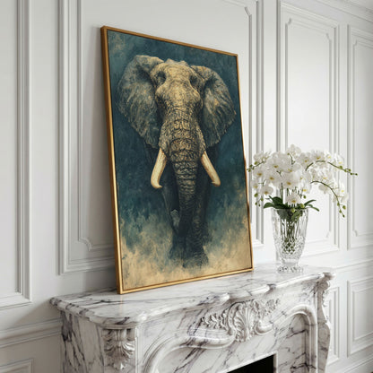 African Elephant Portrait Canvas Wall Art, Head and Tusks Study in yellow gold floating frame