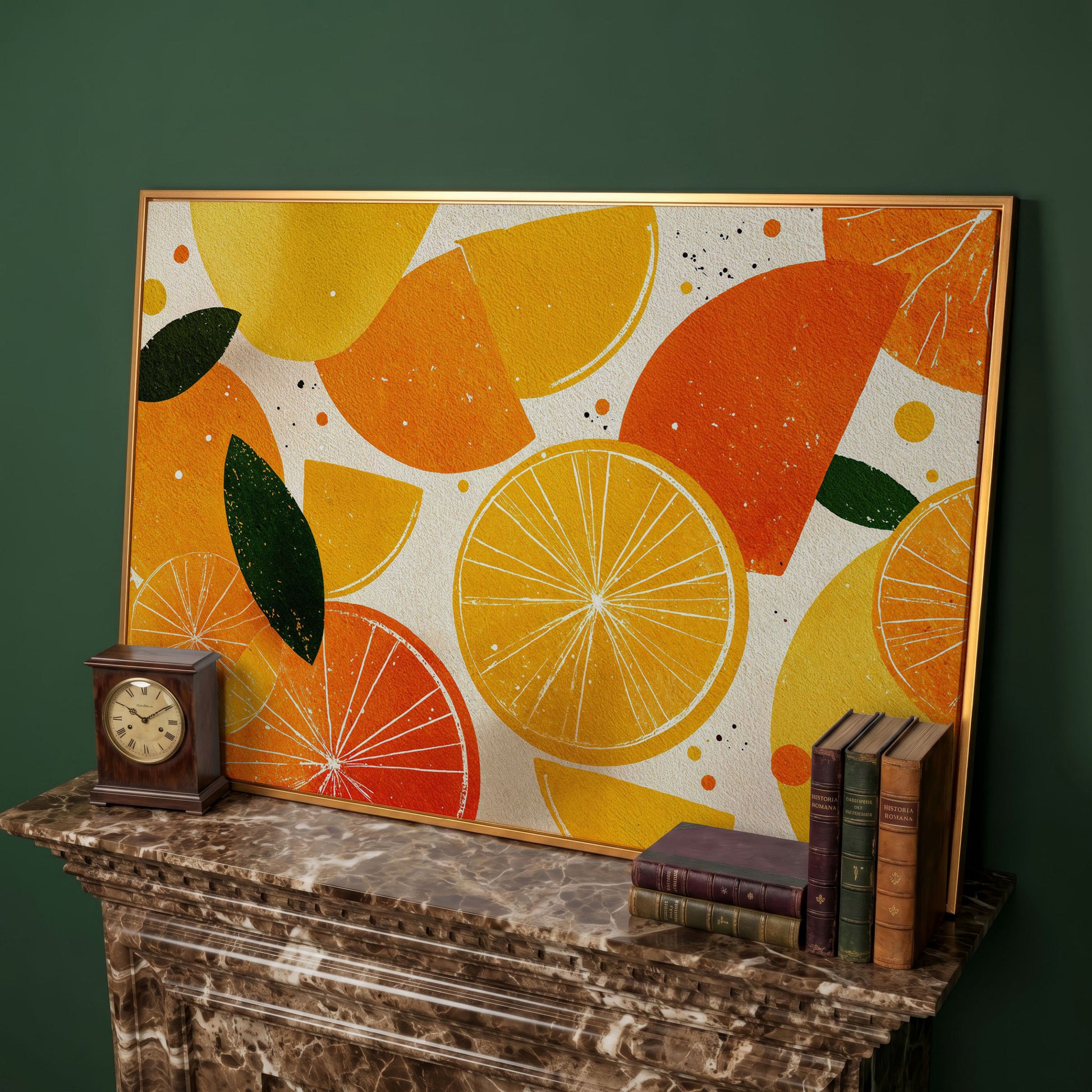 Citrus Grove: Abstract Orange and Lemon Canvas Wall Art in antique gold floating frame