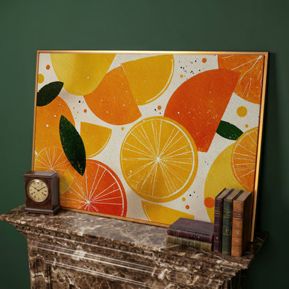 Citrus Grove: Abstract Orange and Lemon Canvas Wall Art in antique gold floating frame