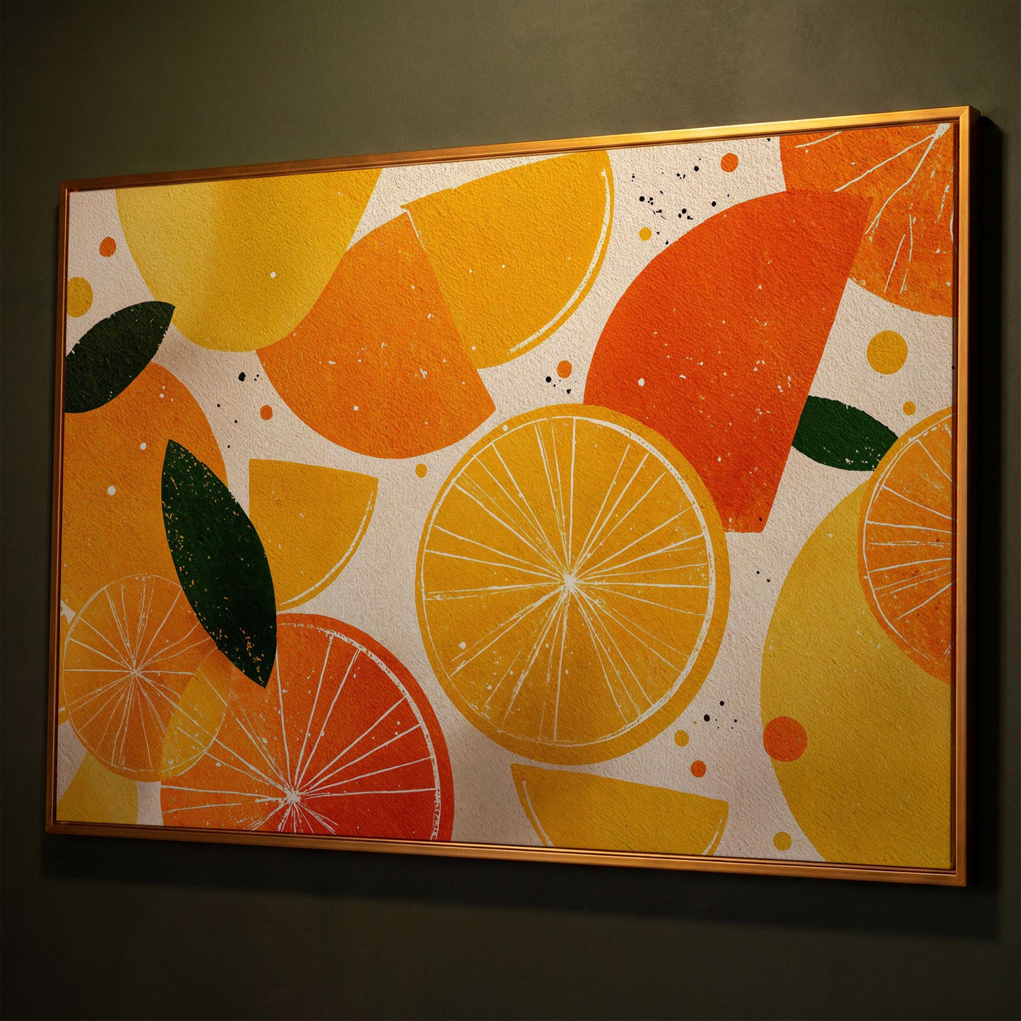 Citrus Grove: Abstract Orange and Lemon Canvas Wall Art shown in antique gold floating frame