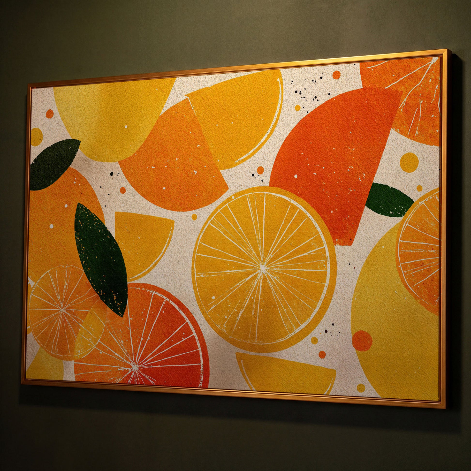Citrus Grove: Abstract Orange and Lemon Canvas Wall Art shown in antique gold floating frame
