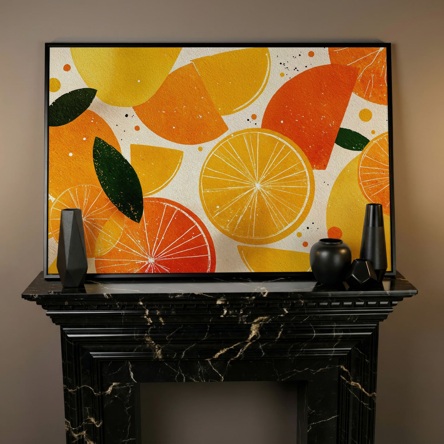 Citrus Grove: Abstract Orange and Lemon Canvas Wall Art in black floating frame