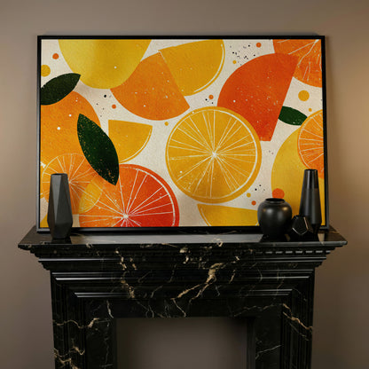 Citrus Grove: Abstract Orange and Lemon Canvas Wall Art in black floating frame