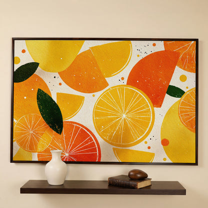 Citrus Grove: Abstract Orange and Lemon Canvas Wall Art in dark walnut floating frame