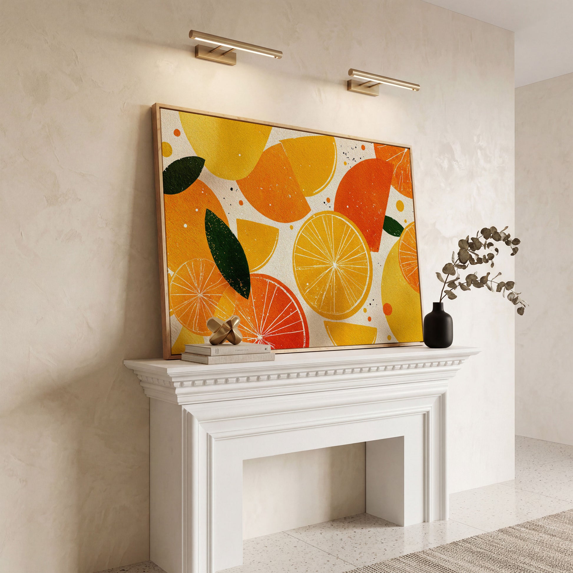 Citrus Grove: Abstract Orange and Lemon Canvas Wall Art in white oak floating frame