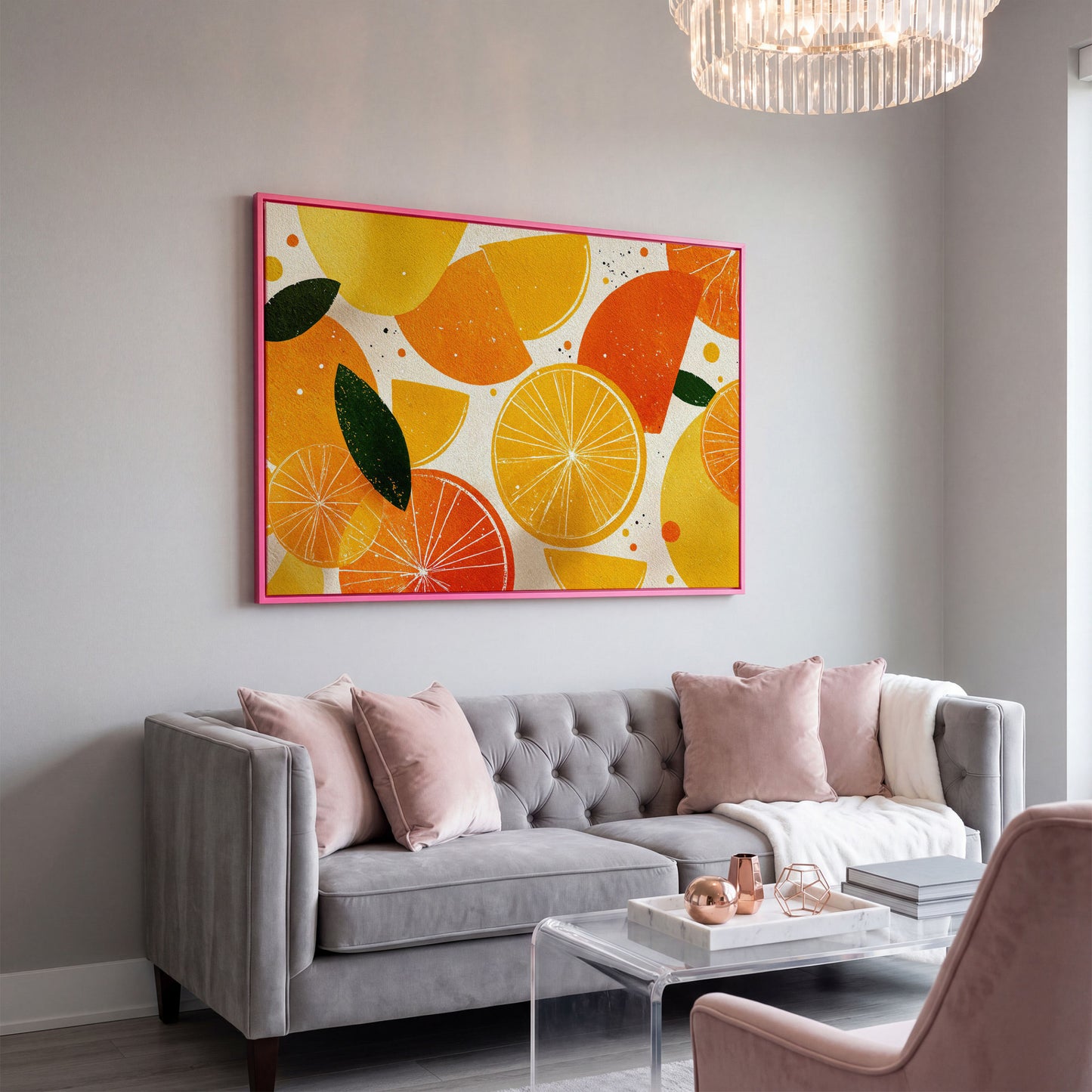 Citrus Grove: Abstract Orange and Lemon Canvas Wall Art in pink floating frame