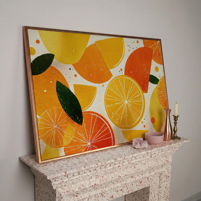 Citrus Grove: Abstract Orange and Lemon Canvas Wall Art in rose gold floating frame