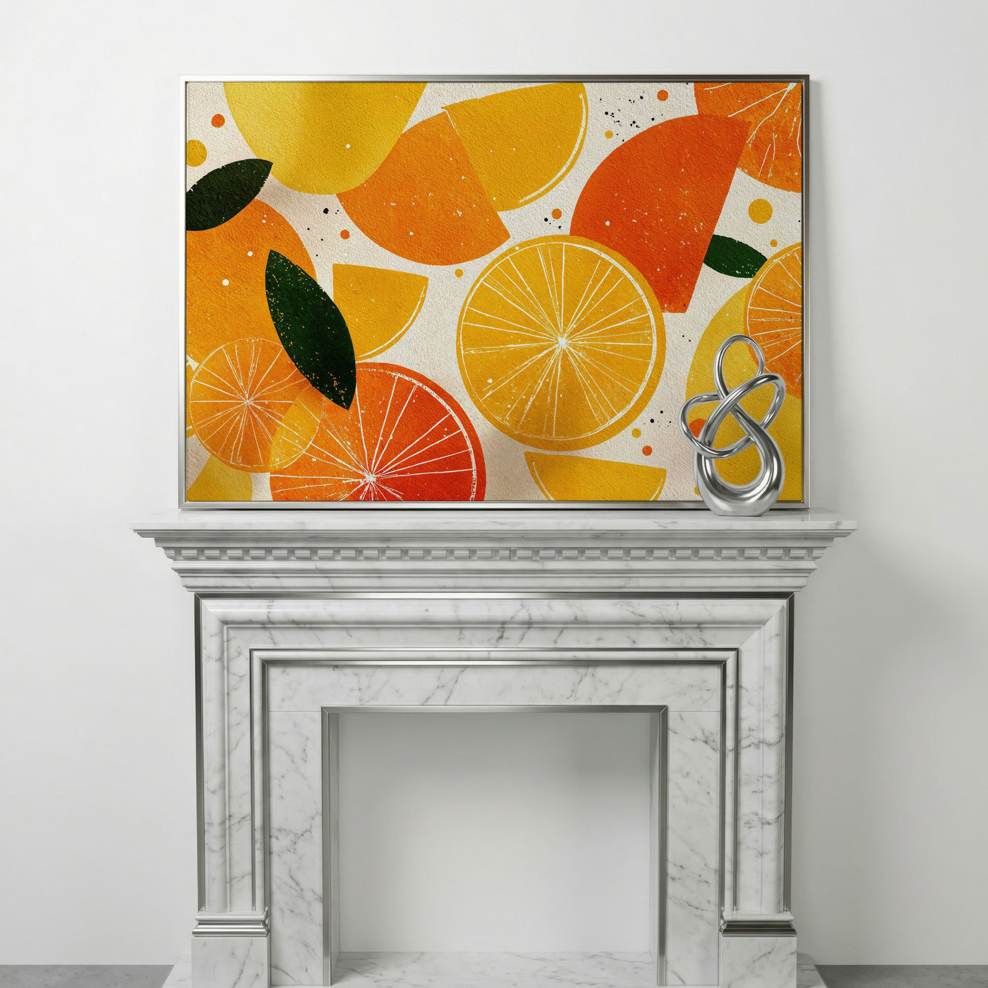 Citrus Grove: Abstract Orange and Lemon Canvas Wall Art in silver floating frame