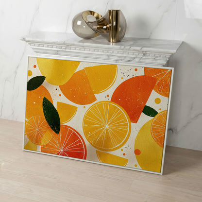 Citrus Grove: Abstract Orange and Lemon Canvas Wall Art in white floating frame