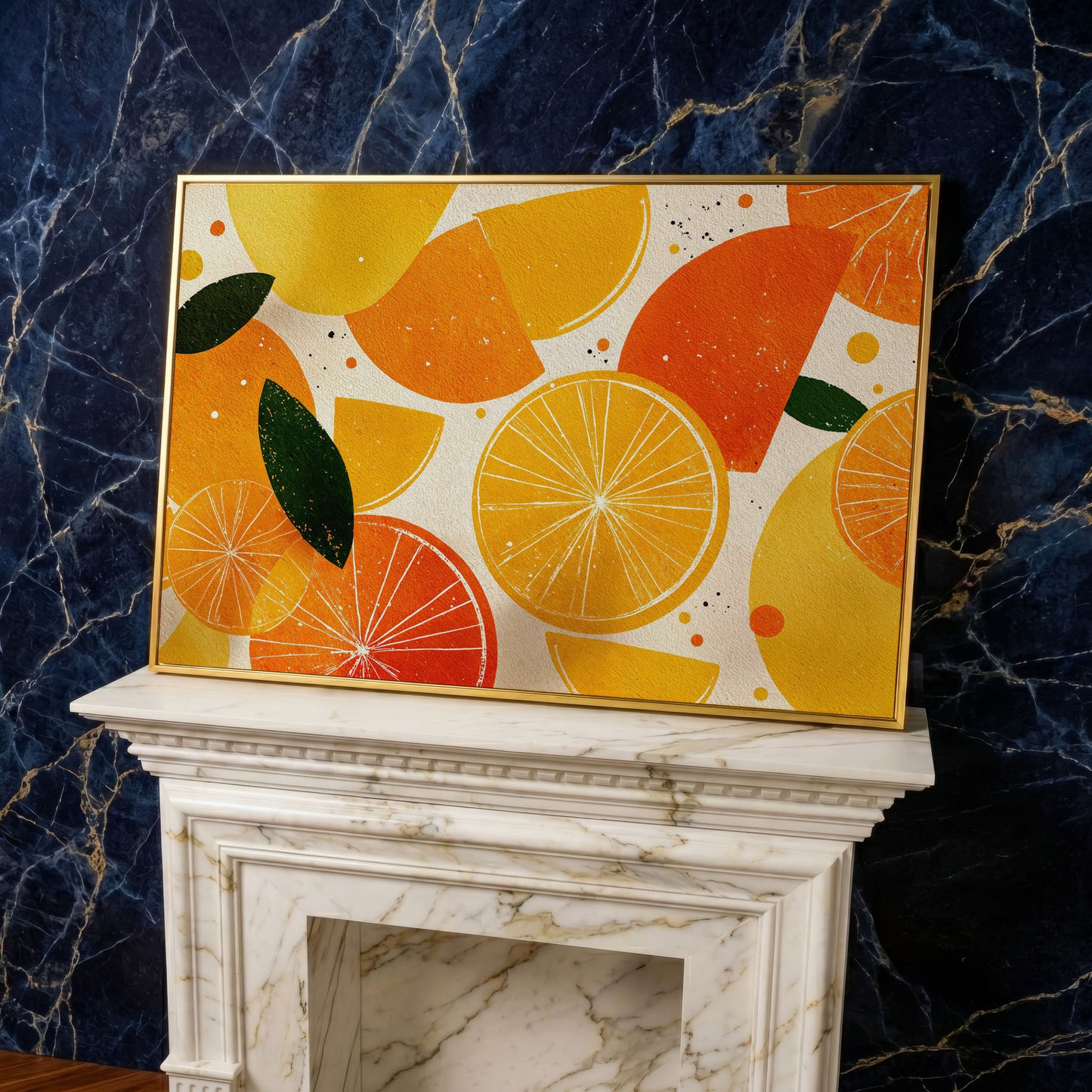 Citrus Grove: Abstract Orange and Lemon Canvas Wall Art in yellow gold floating frame