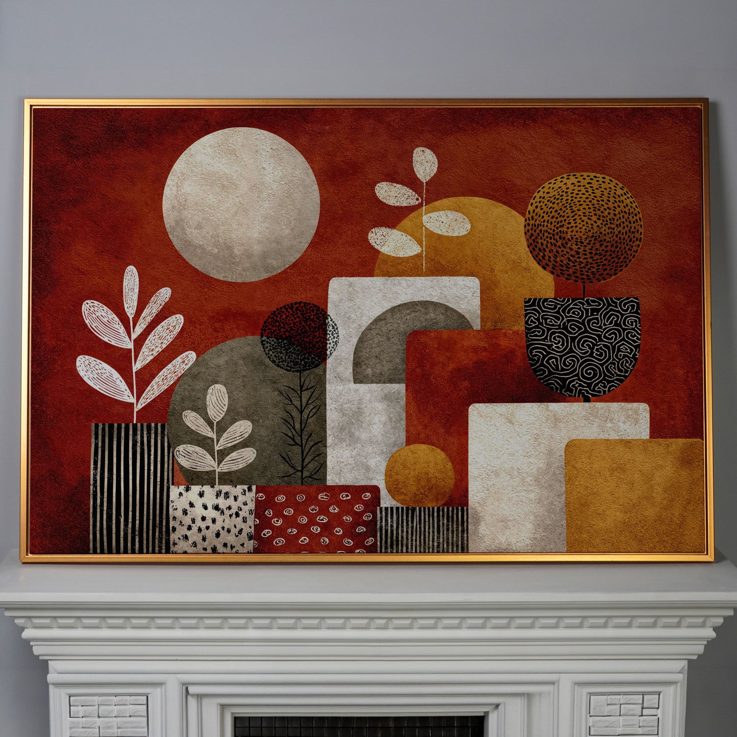 Abstract Botanical Canvas Art with Geometric Shapes, Earth Tones in antique gold floating frame