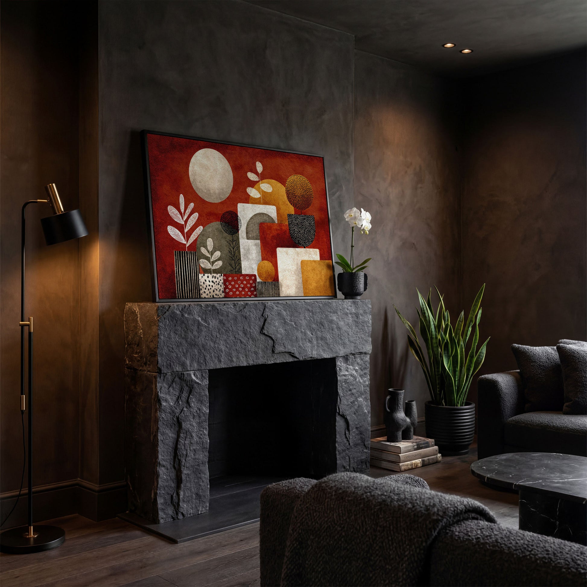 Abstract Botanical Canvas Art with Geometric Shapes, Earth Tones in black floating frame