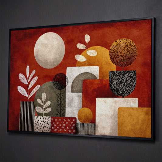 Abstract Botanical Canvas Art with Geometric Shapes, Earth Tones shown in black floating frame