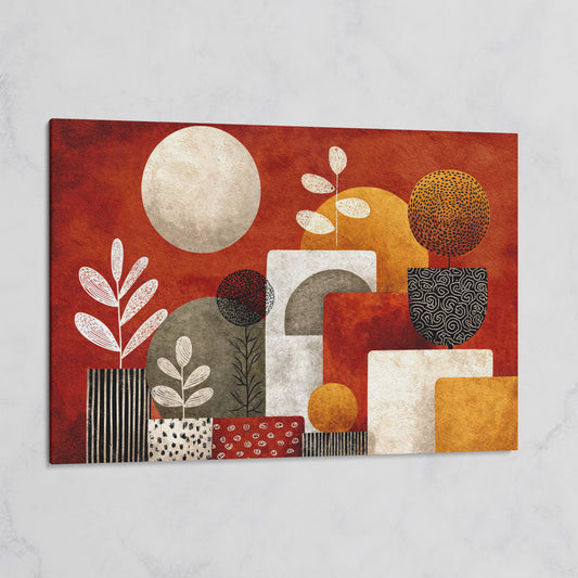 Abstract Botanical Canvas Art with Geometric Shapes, Earth Tones on gallery wrap