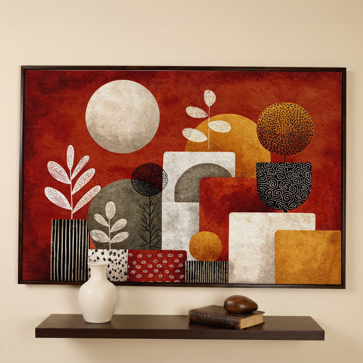 Abstract Botanical Canvas Art with Geometric Shapes, Earth Tones in dark walnut floating frame