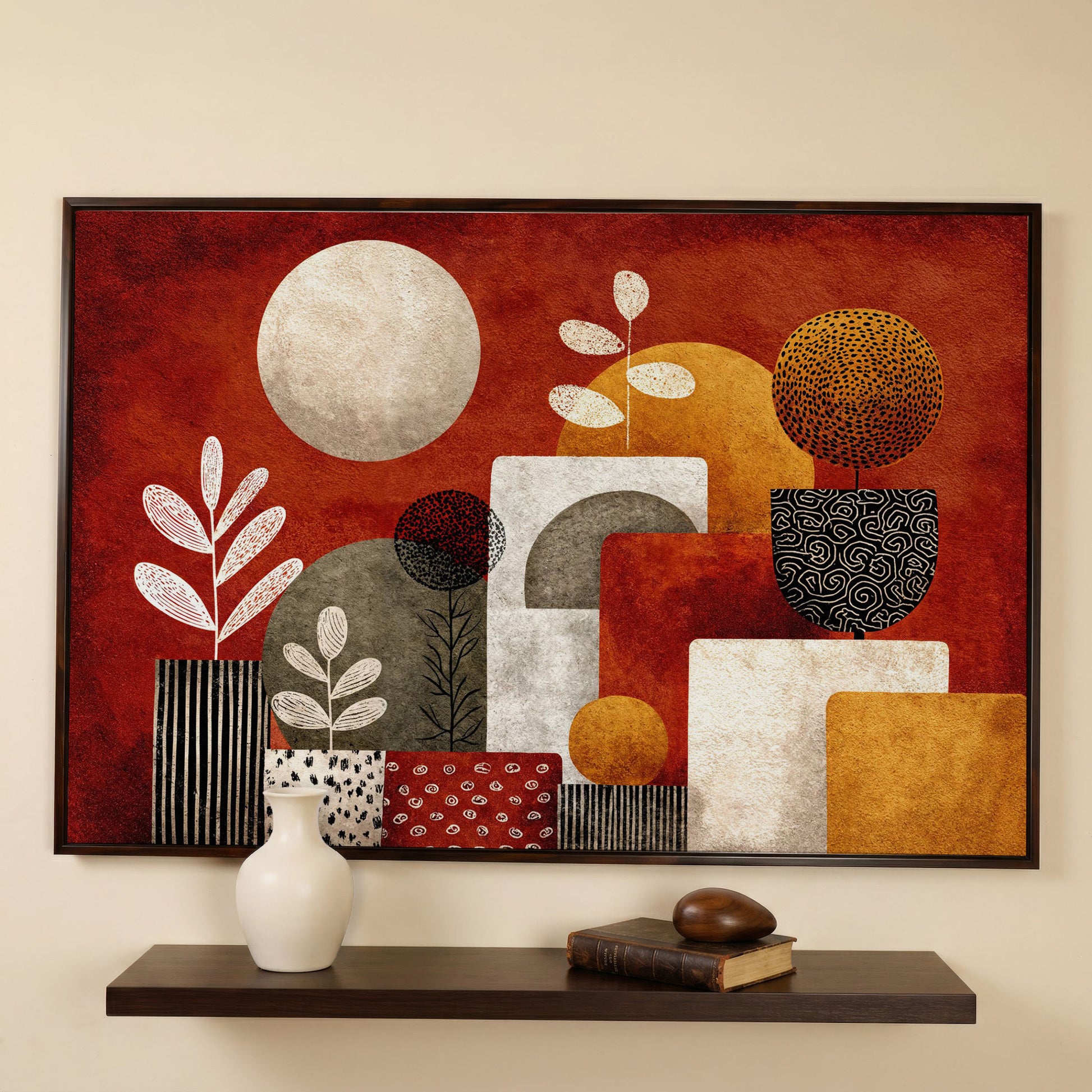 Abstract Botanical Canvas Art with Geometric Shapes, Earth Tones in dark walnut floating frame