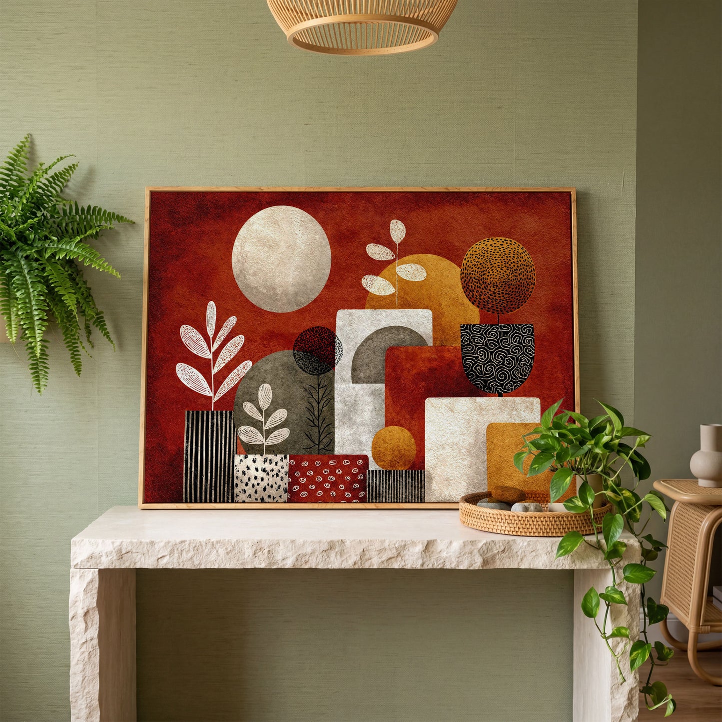 Abstract Botanical Canvas Art with Geometric Shapes, Earth Tones in white oak floating frame